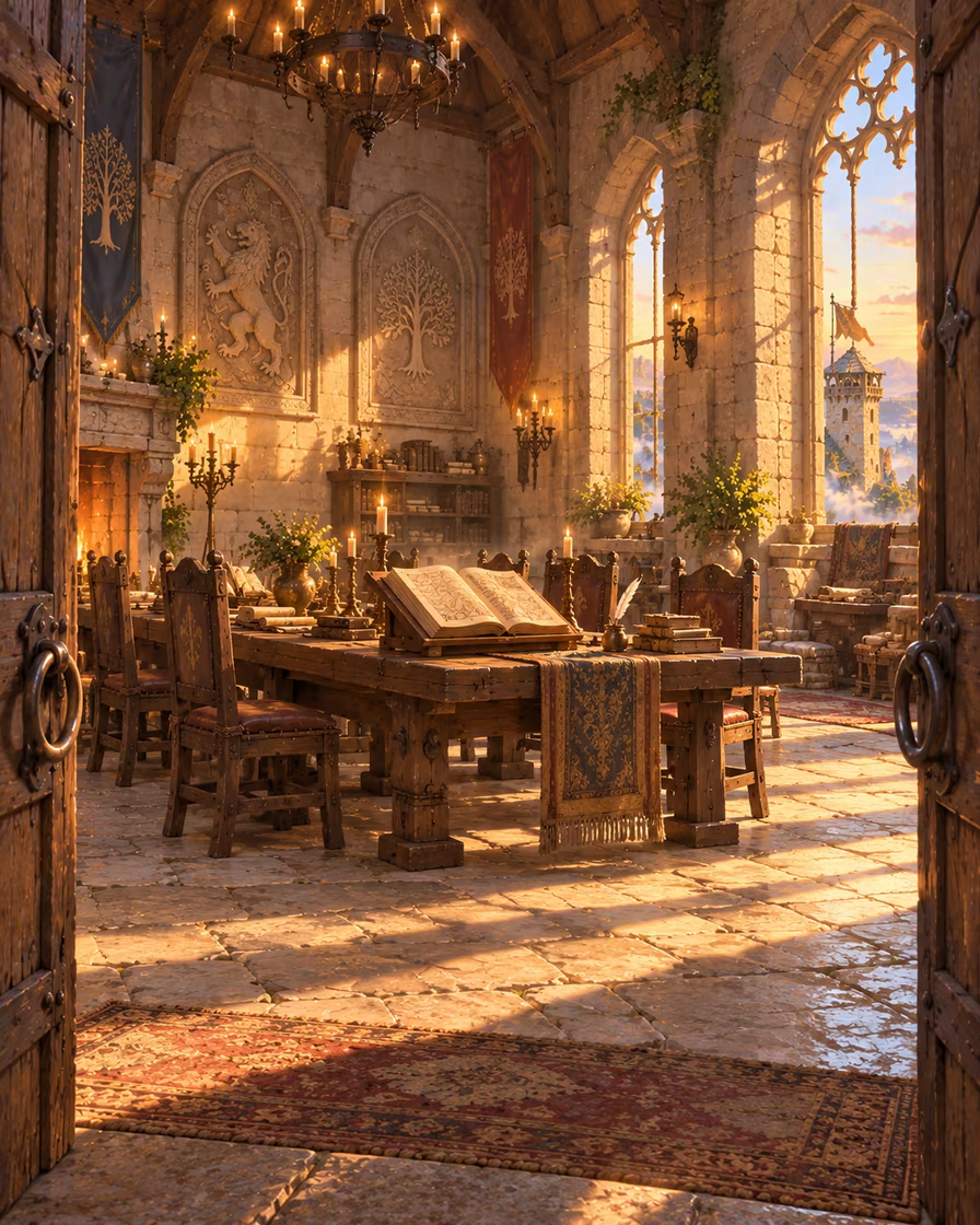 Inside the great stone hall at dawn: an open register on a long table, carved stone plaques on the wall, the watchtower through a window