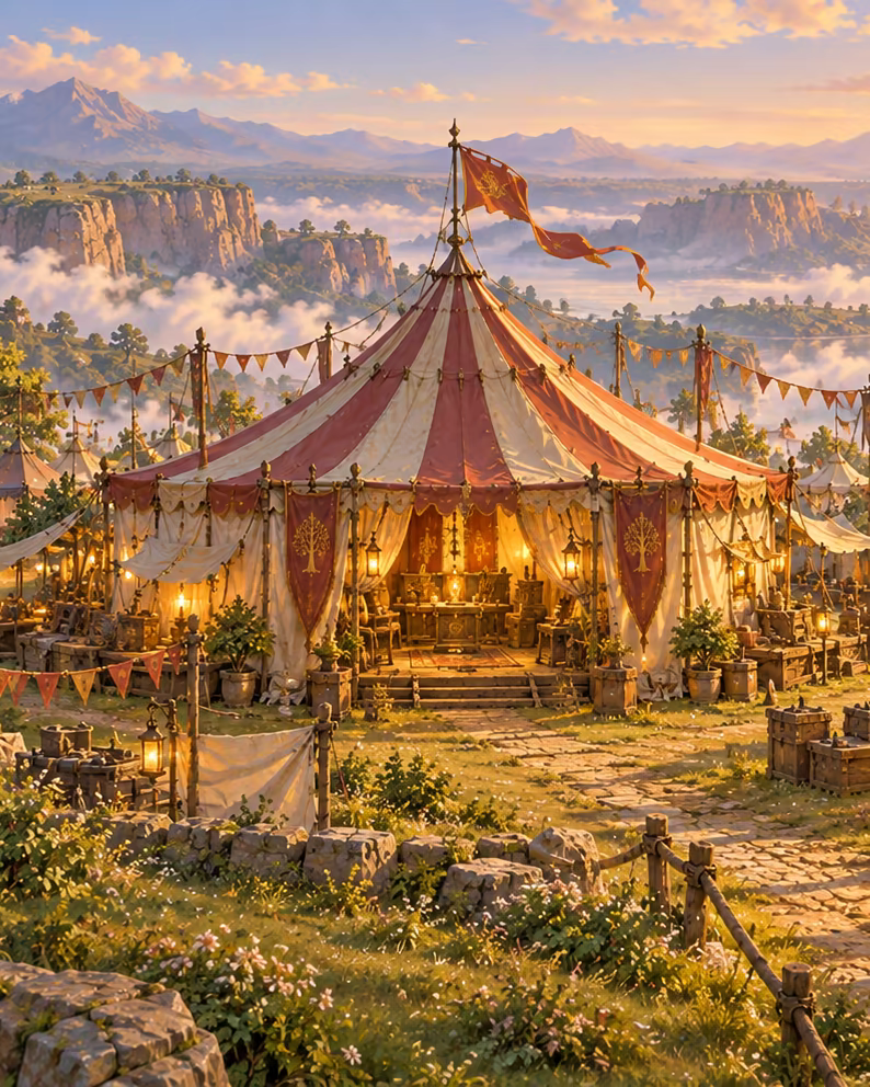 A striped pavilion at the centre of a camp of many tents at dawn, lanterns lit, bunting strung between the poles