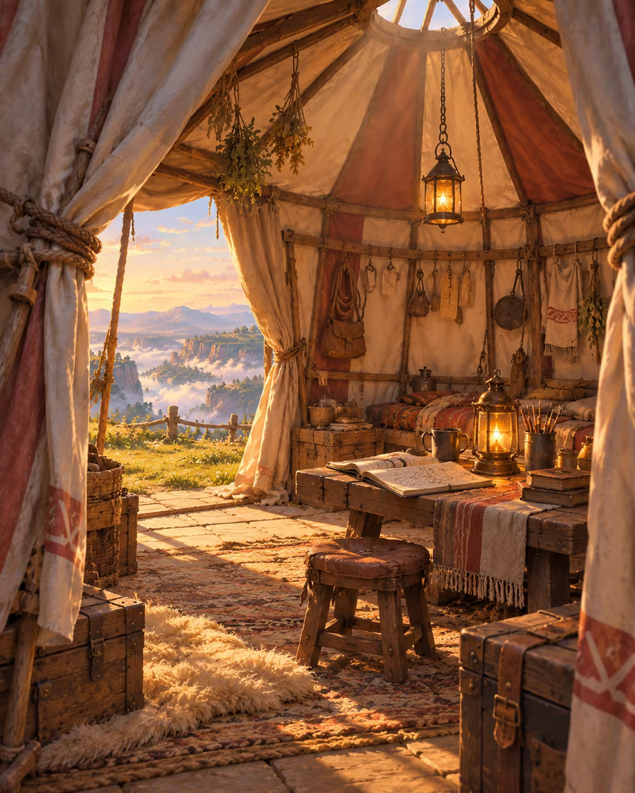 Inside a felt tent at dawn: tools and tags hung on a striped wall, a lantern over an open notebook, the misty valley through the doorway