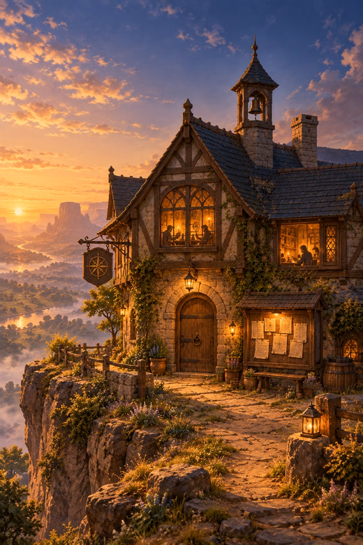 A stone guild house on a mesa at dawn, its windows lit